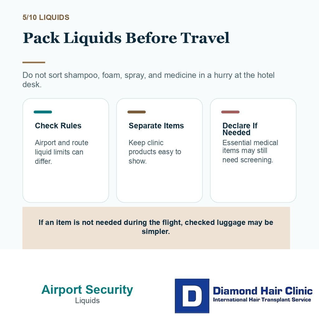 Airport security after hair transplant carousel slide 5 explaining aftercare liquids