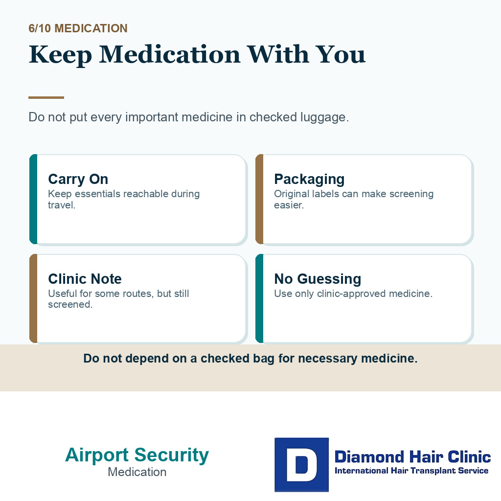 Airport security after hair transplant carousel slide 6 explaining travel medication
