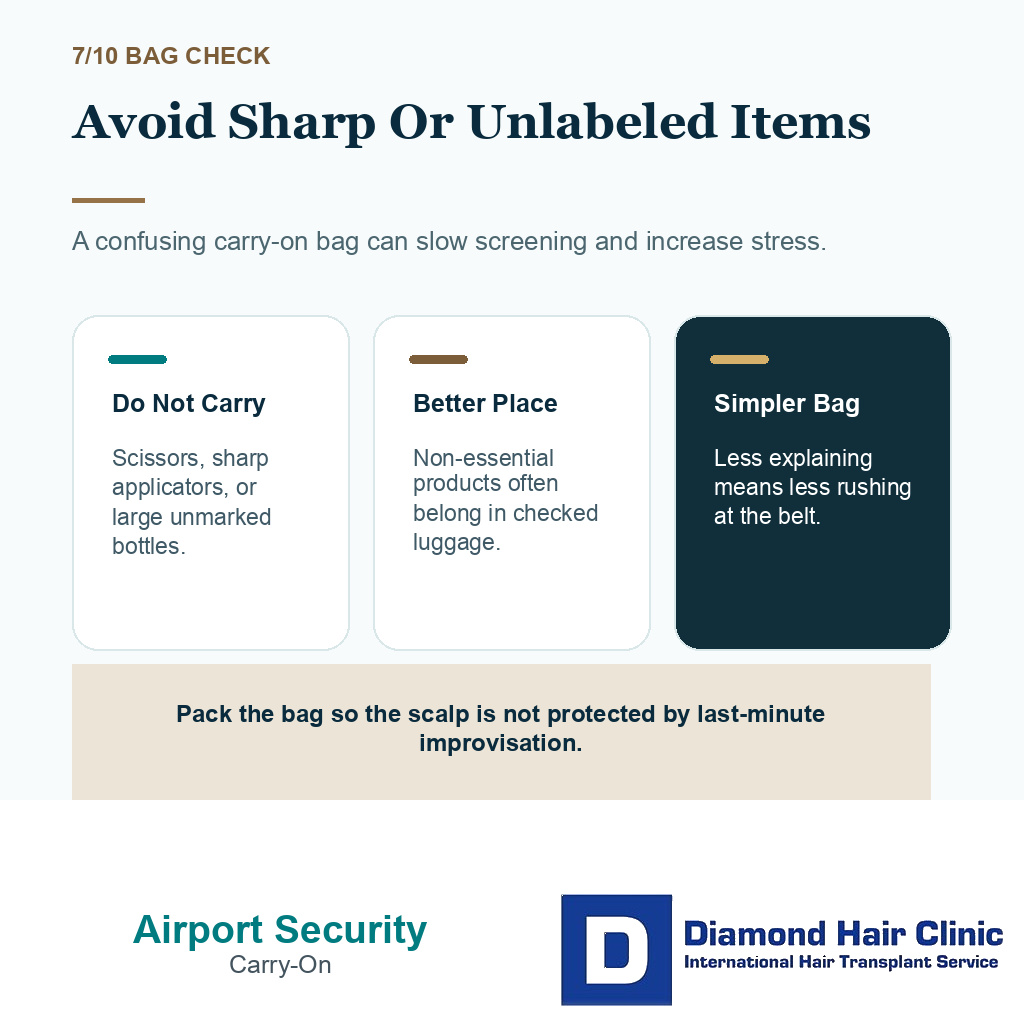 Airport security after hair transplant carousel slide 7 explaining sharp and unlabeled items