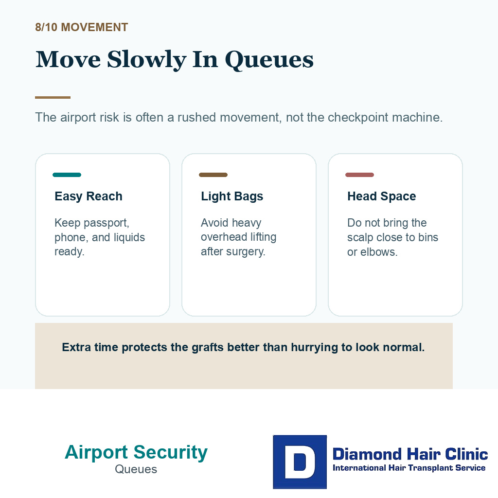 Airport security after hair transplant carousel slide 8 explaining queue and luggage movement