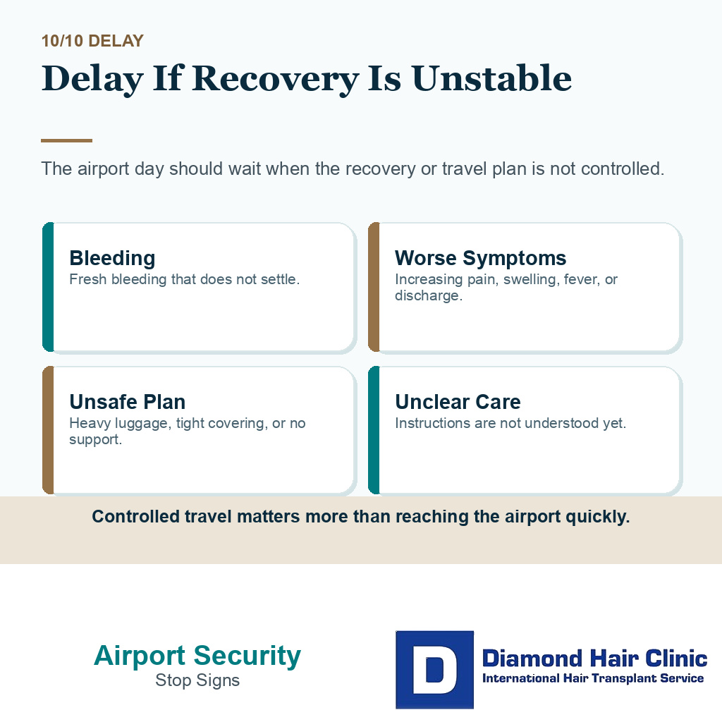 Airport security after hair transplant carousel slide 10 explaining when to delay airport travel