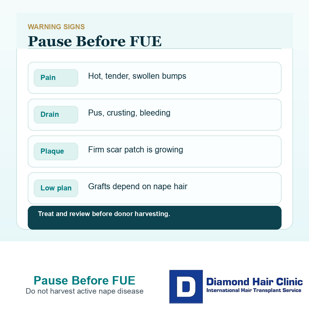 Information card showing pause signals before FUE in acne keloidalis nuchae