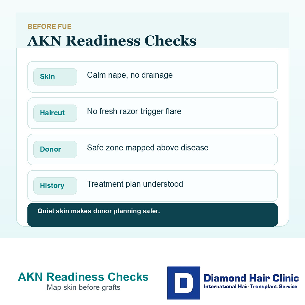 Information card showing readiness checks before FUE in acne keloidalis nuchae