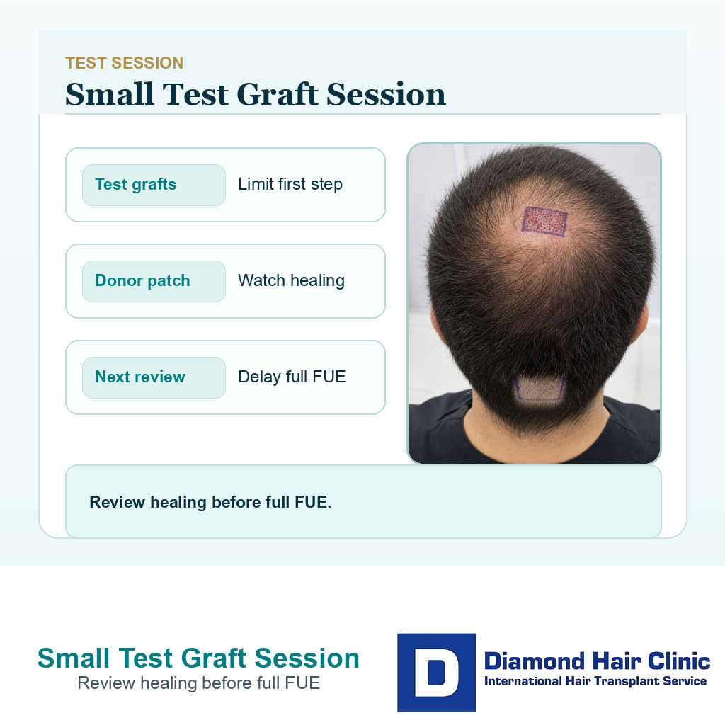 Support card showing a small test graft implantation area and a donor review patch before full FUE planning