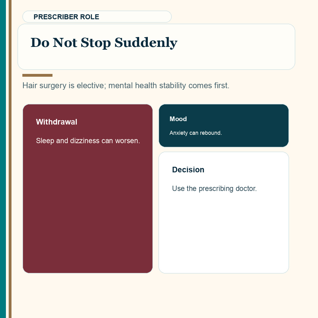 Antidepressant review slide warning not to stop antidepressants suddenly before hair transplant