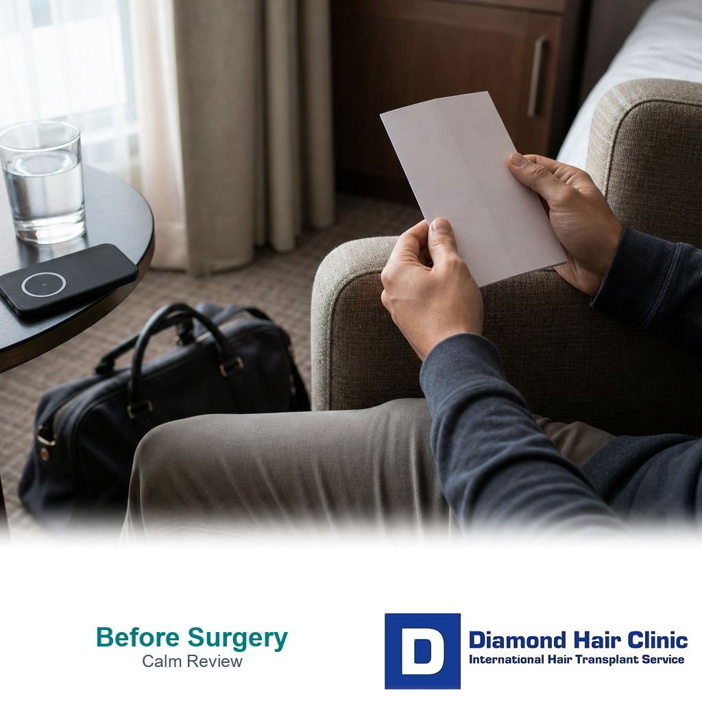 Faceless before surgery anxiety review with blank clinic instructions and water.