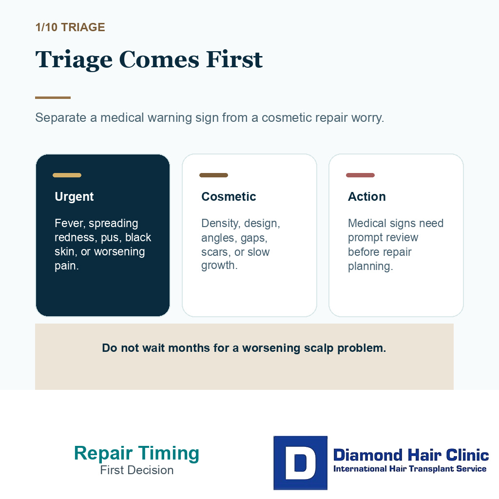Bad hair transplant repair timing carousel slide 1 showing triage comes first