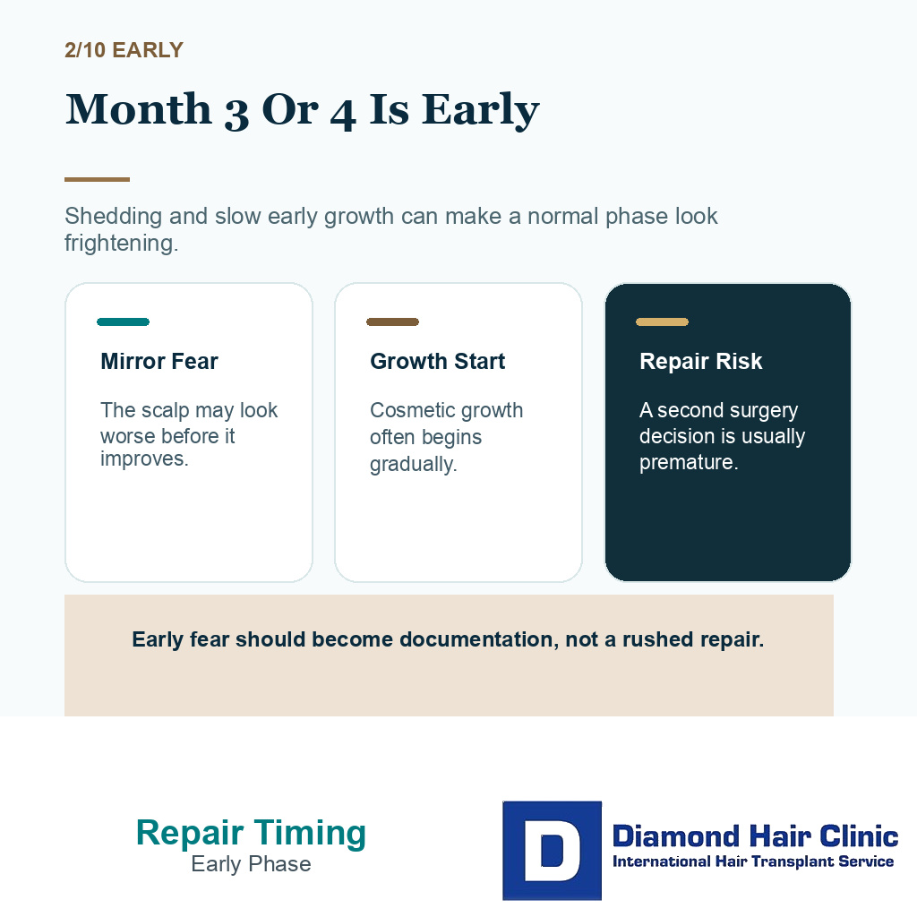 Bad hair transplant repair timing carousel slide 2 showing month 3 or 4 is early