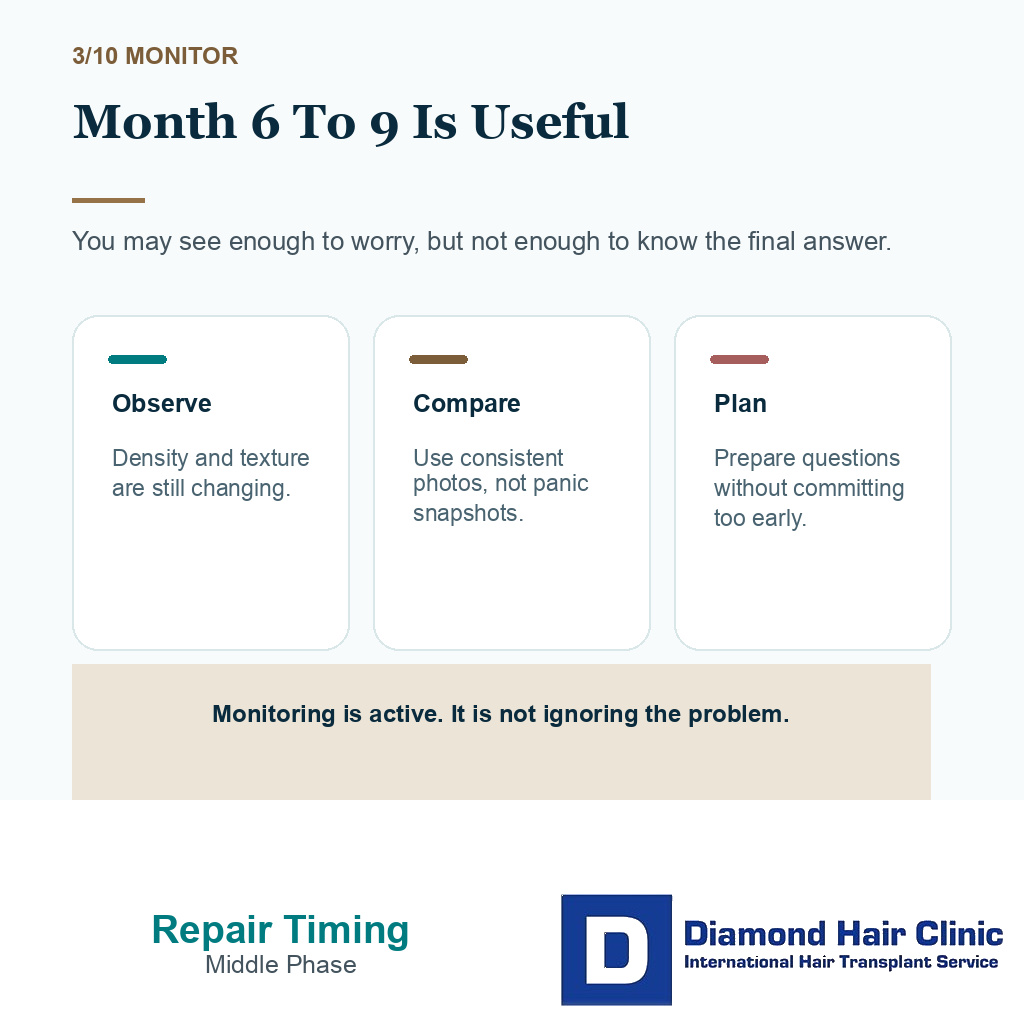 Bad hair transplant repair timing carousel slide 3 showing month 6 to 9 is useful