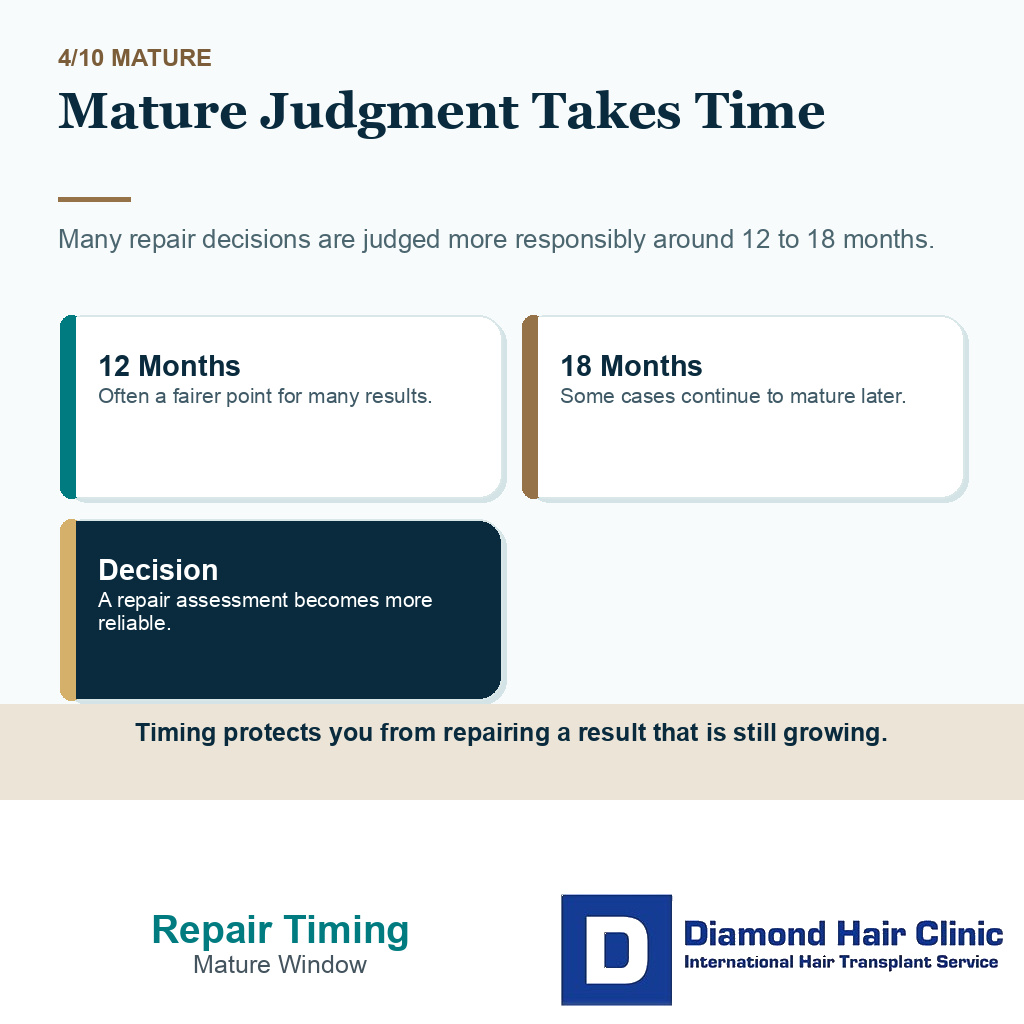 Bad hair transplant repair timing carousel slide 4 showing mature judgment takes time
