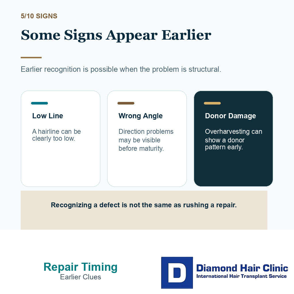 Bad hair transplant repair timing carousel slide 5 showing earlier structural signs