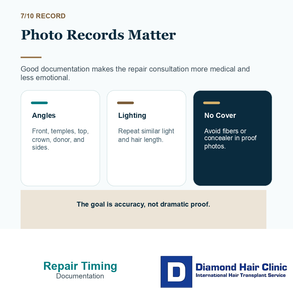 Bad hair transplant repair timing carousel slide 7 showing photo records matter