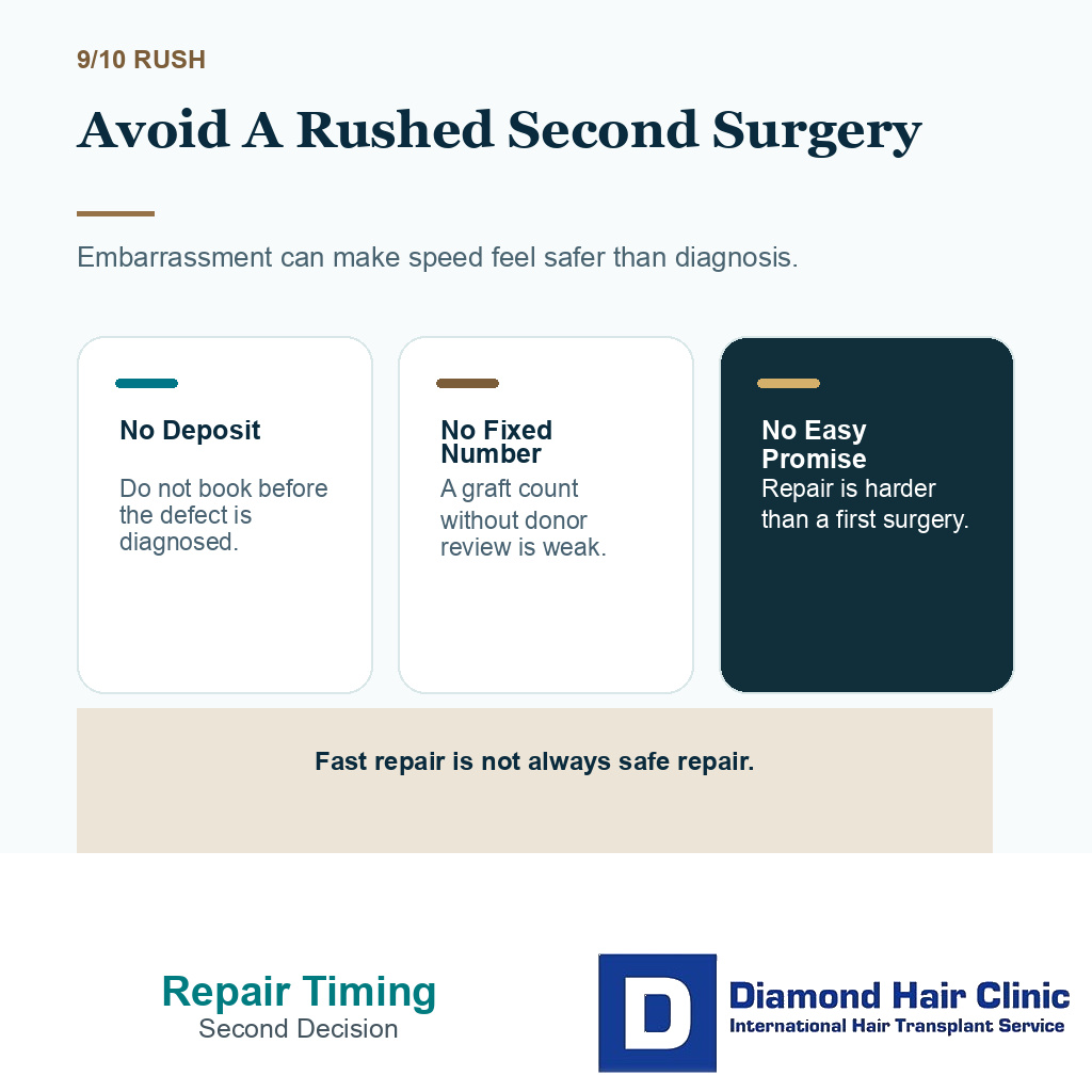 Bad hair transplant repair timing carousel slide 9 showing avoid a rushed second surgery