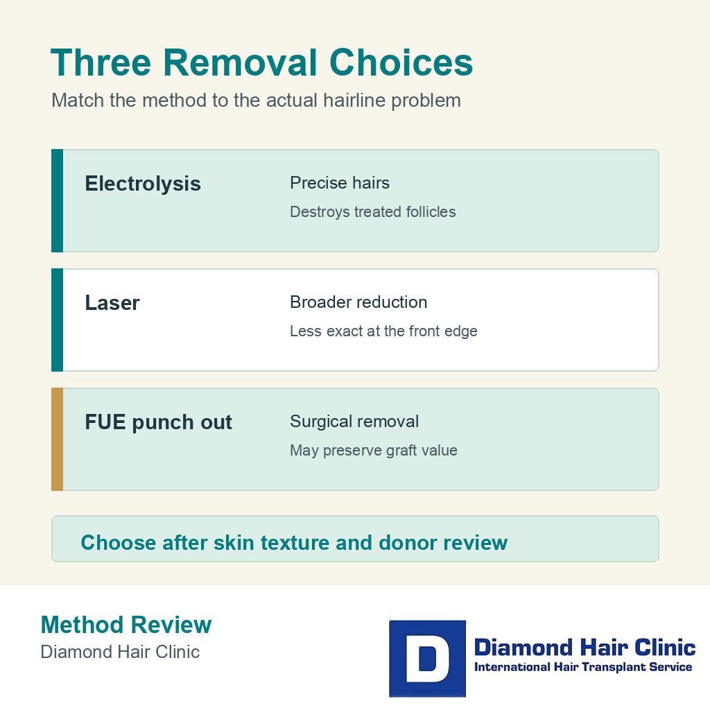Comparison card showing electrolysis laser and FUE punch out choices for bad transplanted hairline grafts