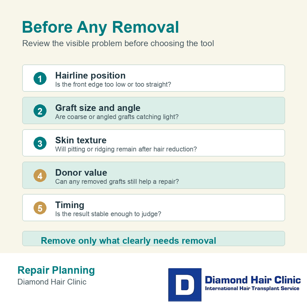 Review sequence card for bad transplanted hairline graft removal planning