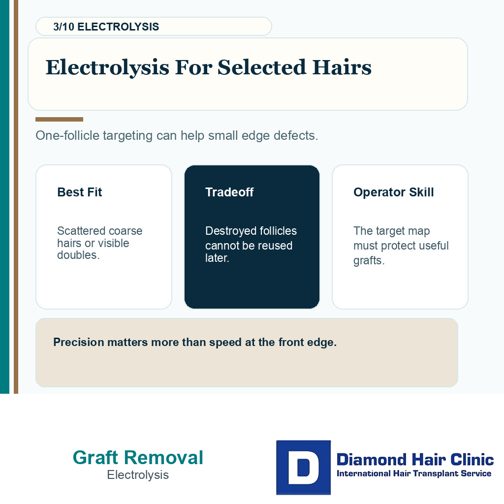 Bad hairline graft removal carousel slide 3 explaining electrolysis for selected hairs