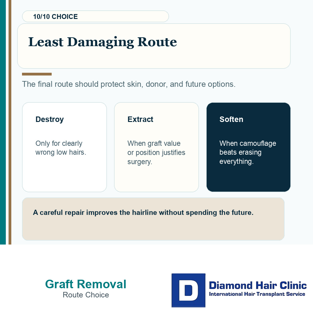 Bad hairline graft removal carousel slide 10 explaining least damaging route