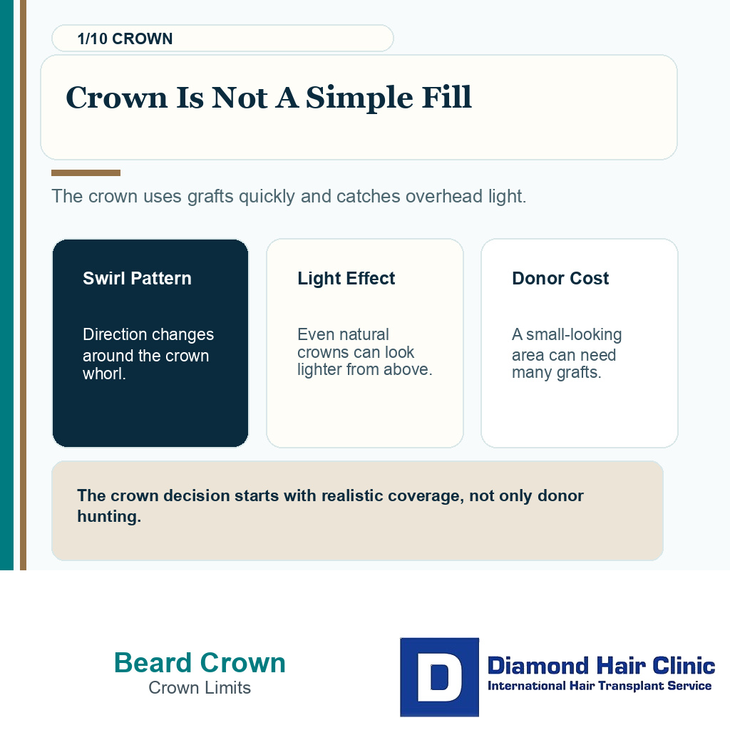 Beard hair crown transplant carousel slide 1 explaining crown is not a simple fill