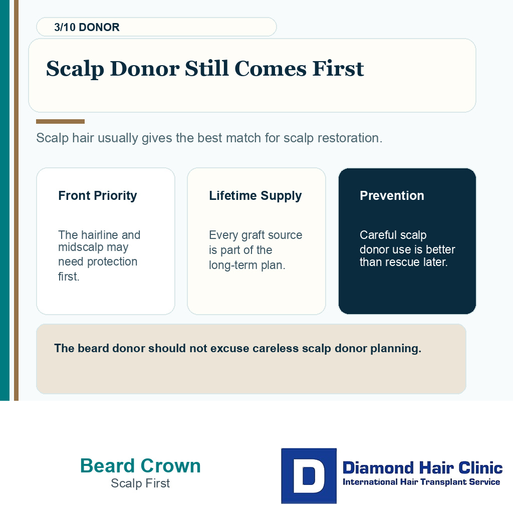Beard hair crown transplant carousel slide 3 explaining scalp donor still comes first