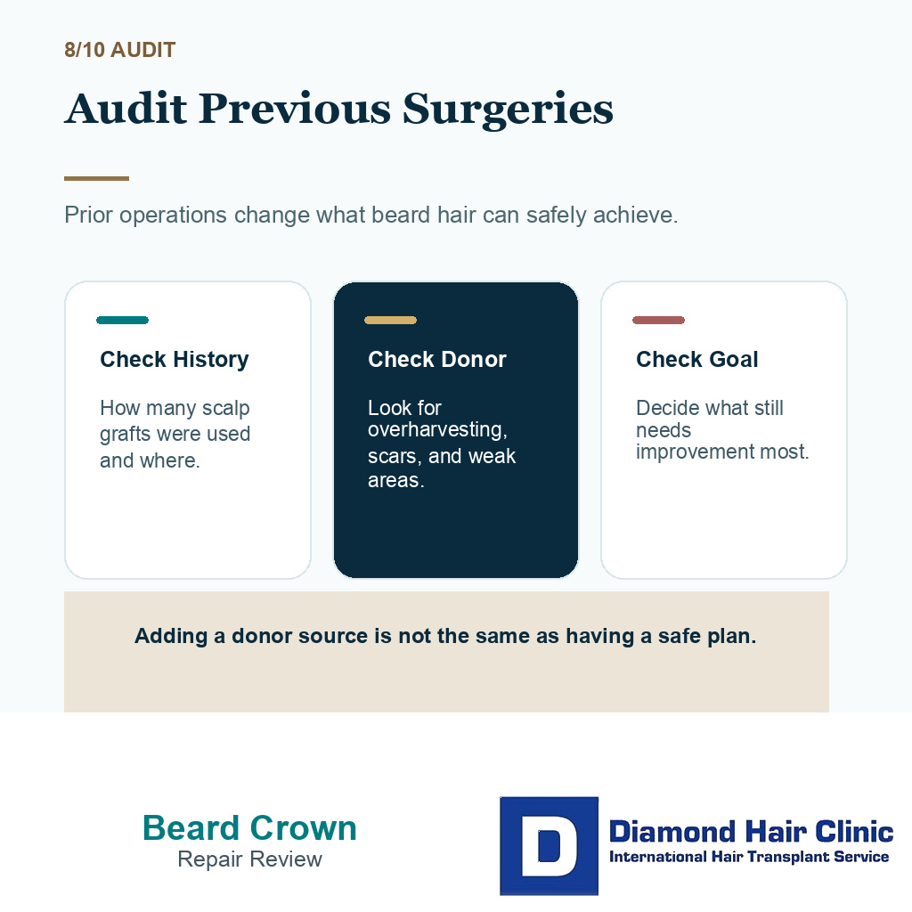 Beard hair crown transplant carousel slide 8 explaining audit previous surgeries