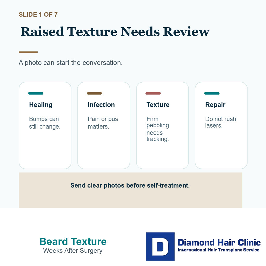 Support card explaining that raised beard recipient texture at the first several weeks needs review, not panic treatment