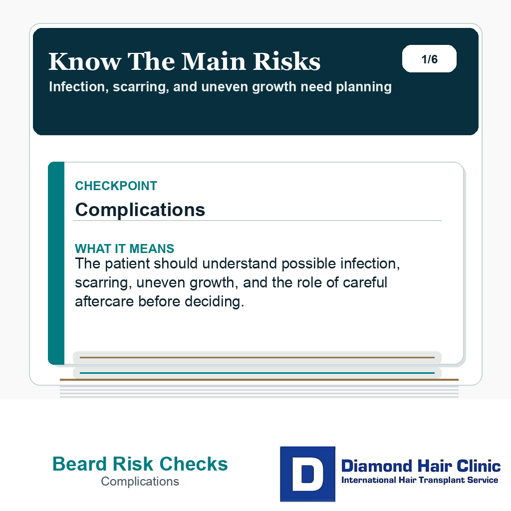 Beard transplant risk slide explaining infection scarring and uneven growth