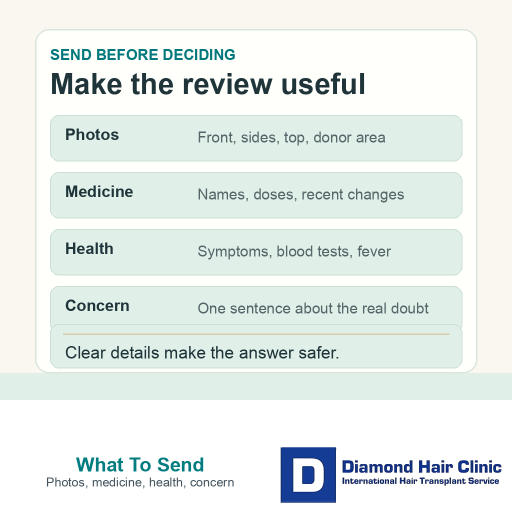 Information card showing what to send before deciding on hair transplant surgery including photos medicines health update and core concern