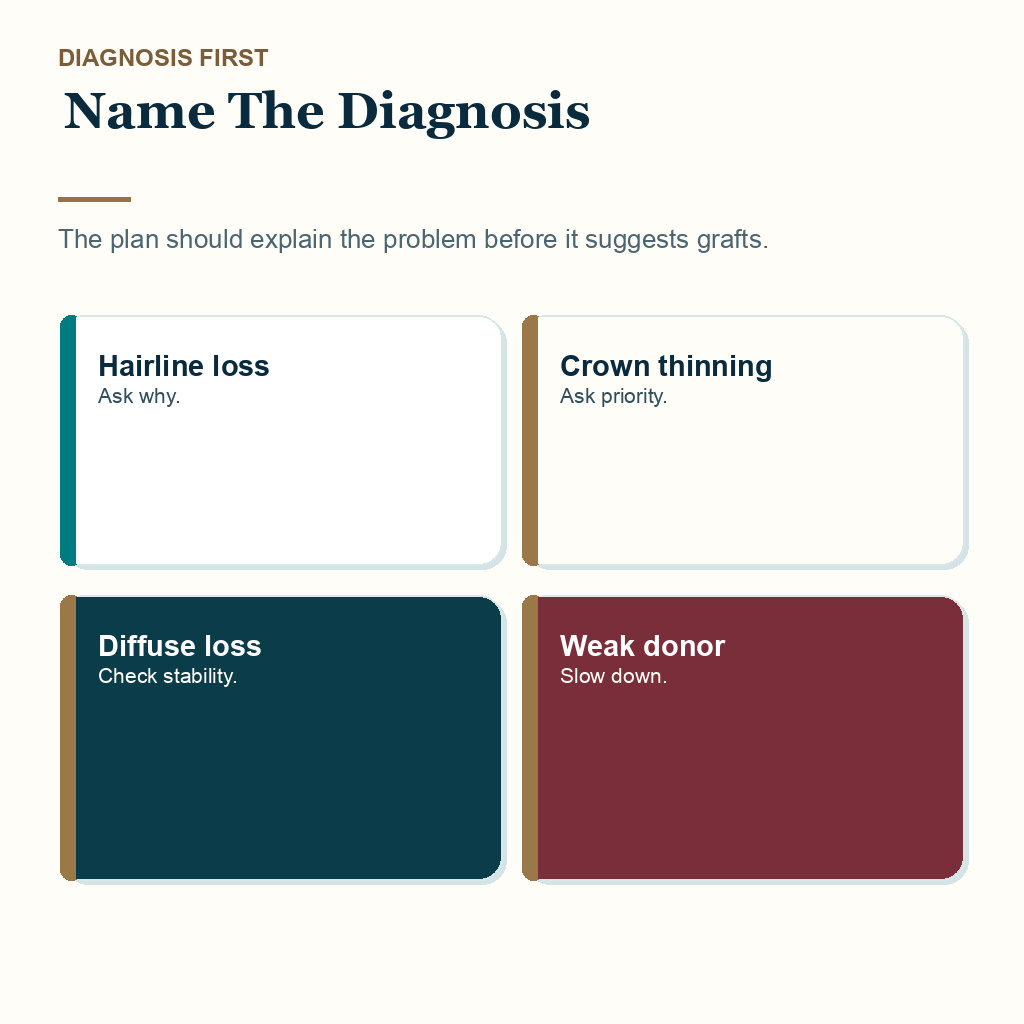 Slide explaining why diagnosis should be clear before hair transplant graft planning