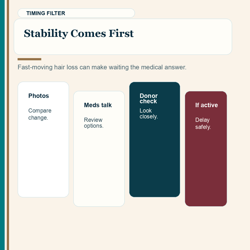 Slide explaining why hair loss stability should be reviewed before booking surgery