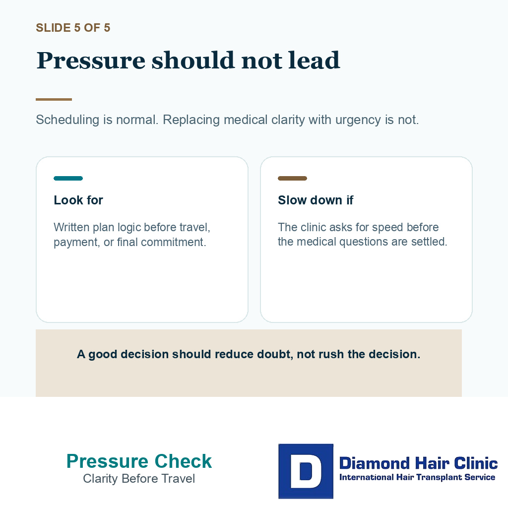 Clinic claim check slide 5 about booking pressure and medical clarity