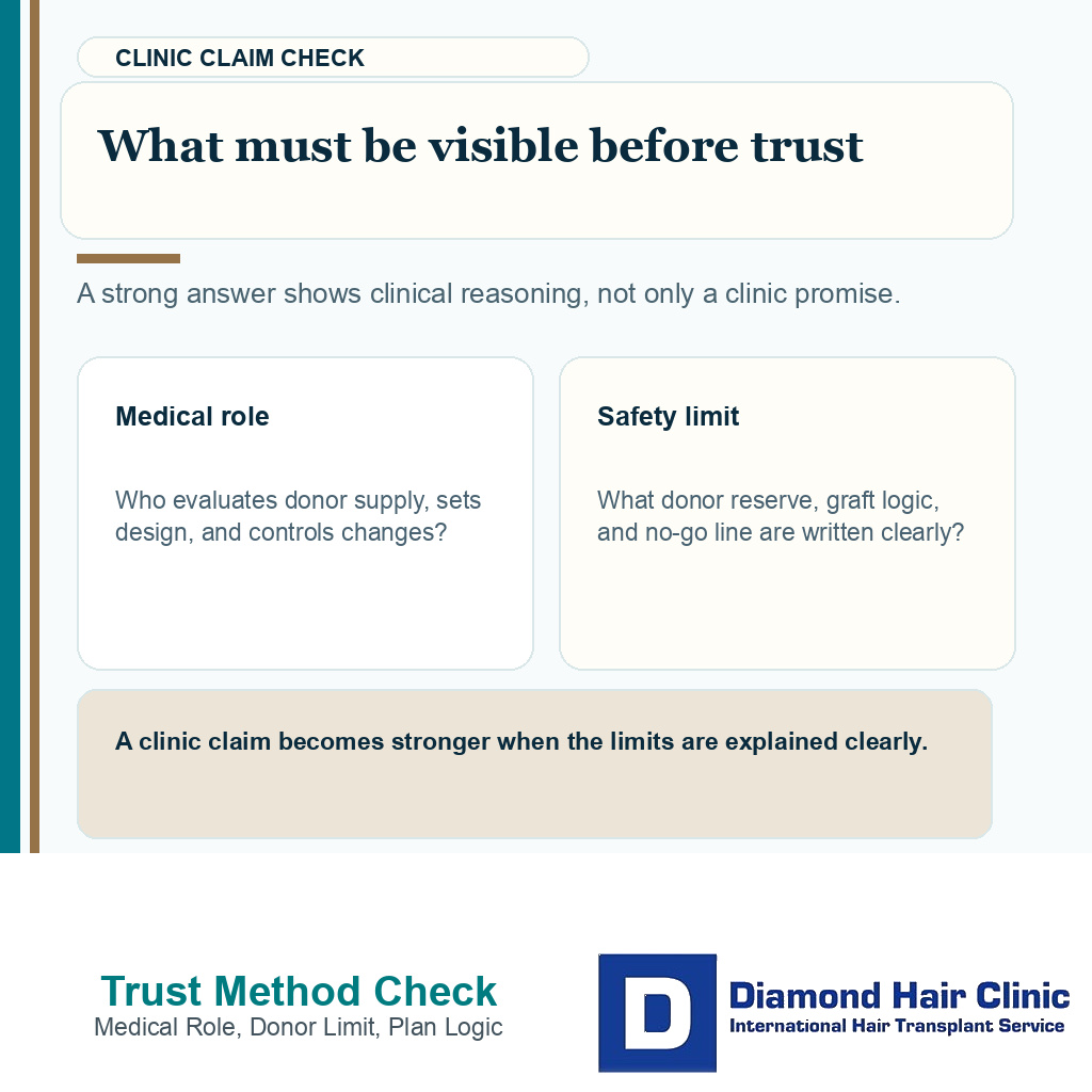 Clinical support card showing what should be visible before trusting a clinic claim