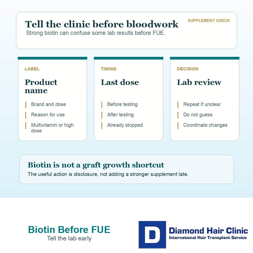 Support card showing what biotin details to disclose before FUE bloodwork, including product, dose, timing, and lab review.