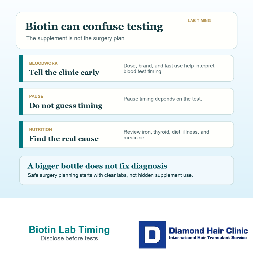 Support card explaining why biotin dose, timing, lab interpretation, and real nutrition diagnosis matter before FUE.