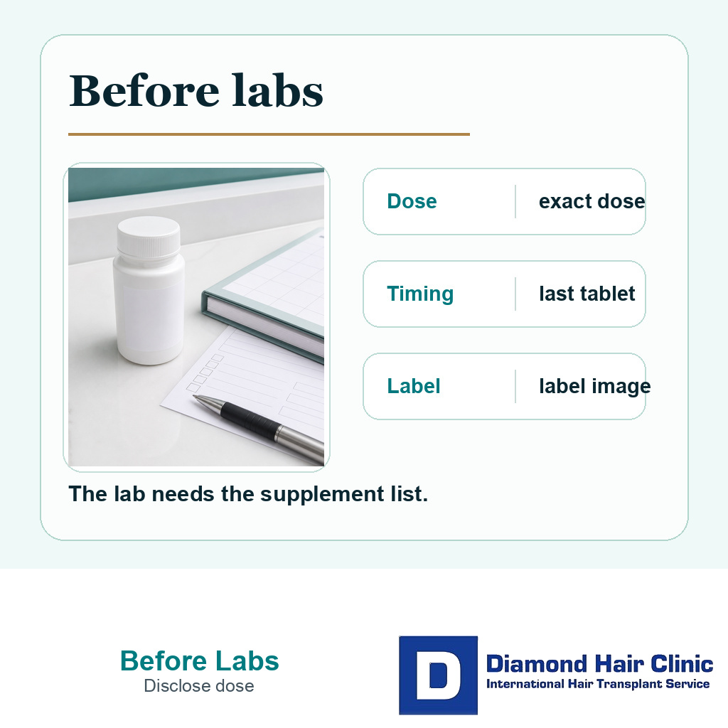 Support card listing dose, last tablet, and label image details to send before lab testing for FUE.