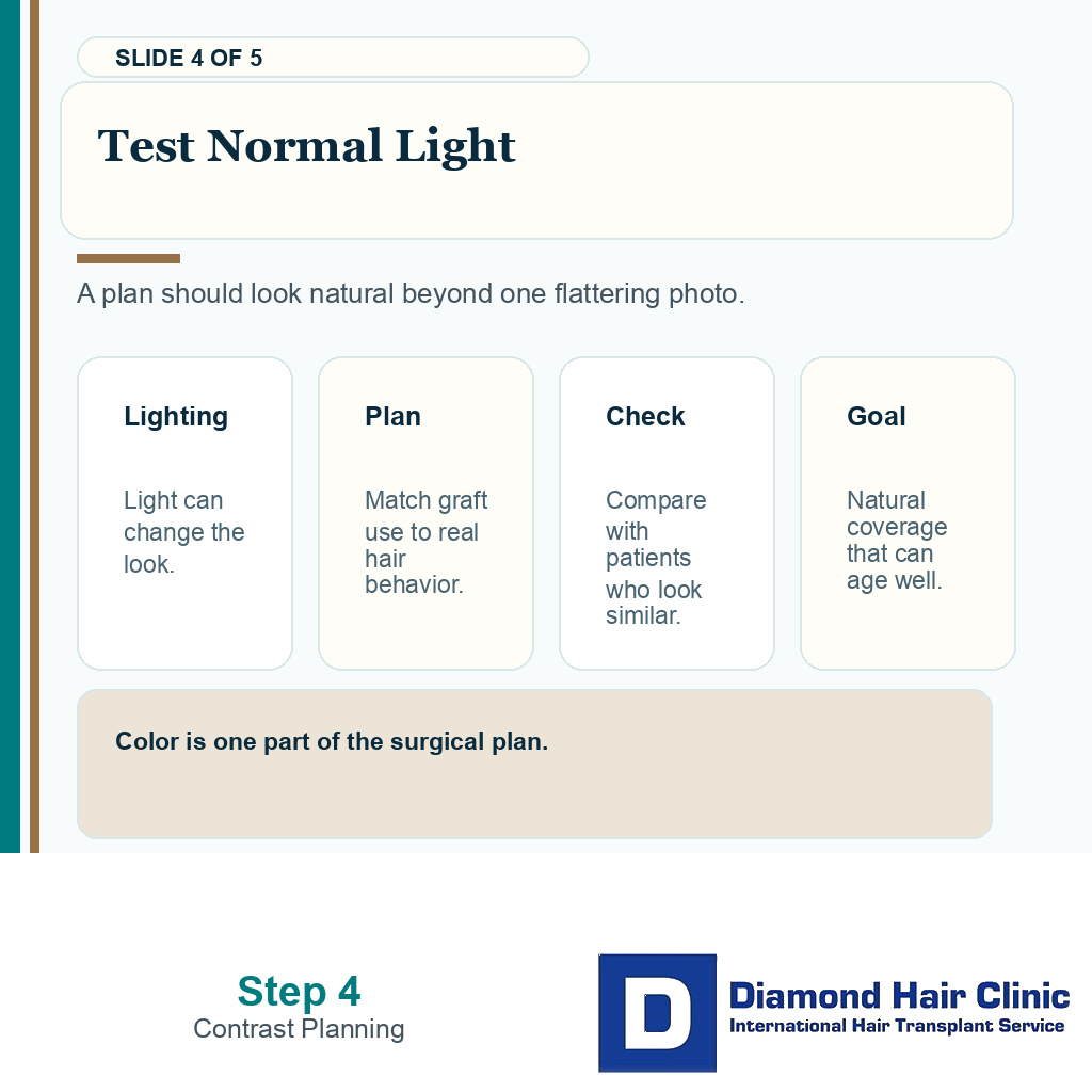 Blonde and red hair transplant results should be checked in normal light and harsh light