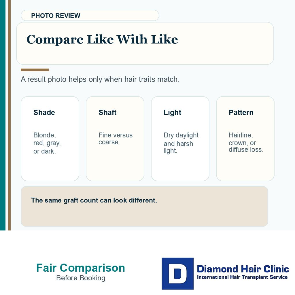 Information card showing how blonde red gray and dark hair results should be compared with similar traits