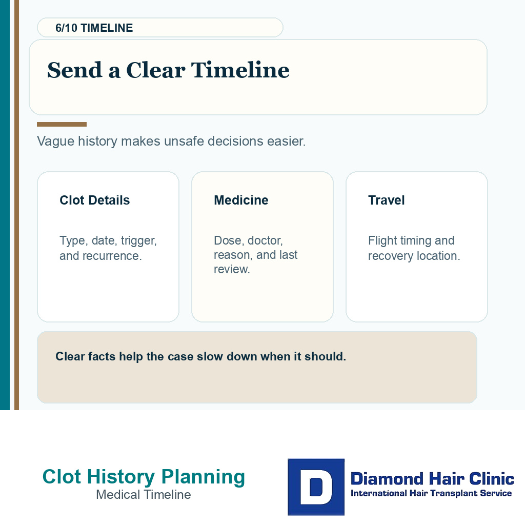 Blood clot history carousel slide 6 explaining send a clear medical timeline