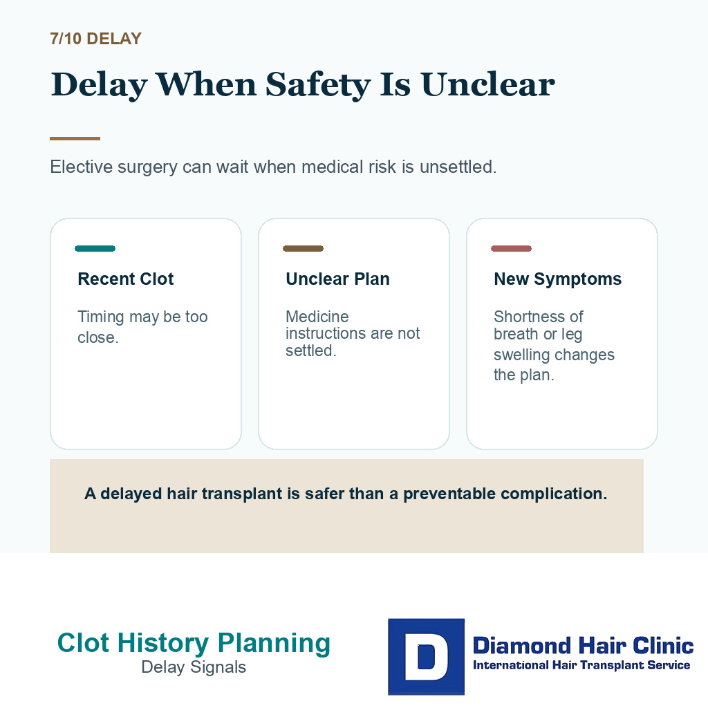 Blood clot history carousel slide 7 explaining delay when safety is unclear