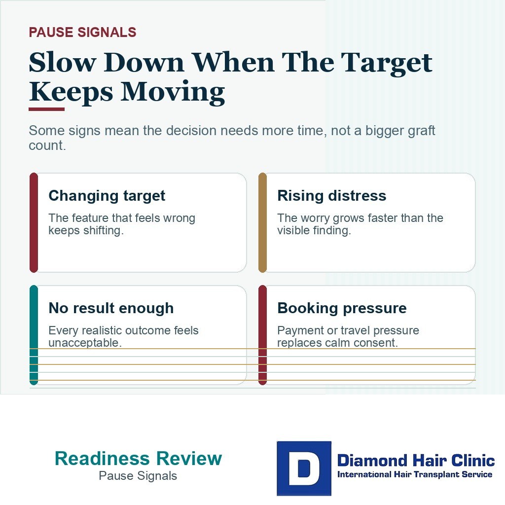 Body dysmorphia hair transplant readiness carousel slide 2 explaining slow down when the target keeps moving