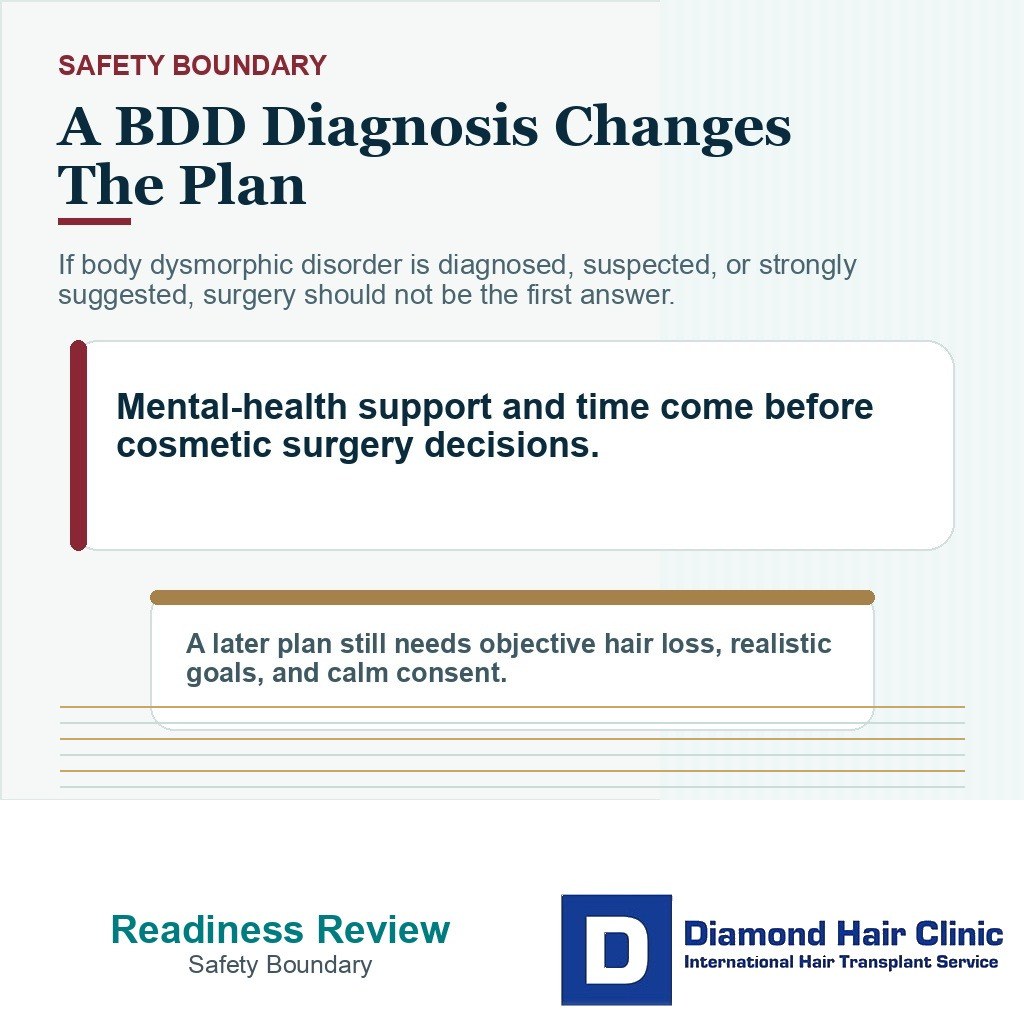 Body dysmorphia hair transplant readiness carousel slide 3 explaining a bdd diagnosis changes the plan