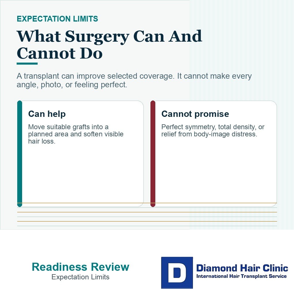 Body dysmorphia hair transplant readiness carousel slide 6 explaining what surgery can and cannot do