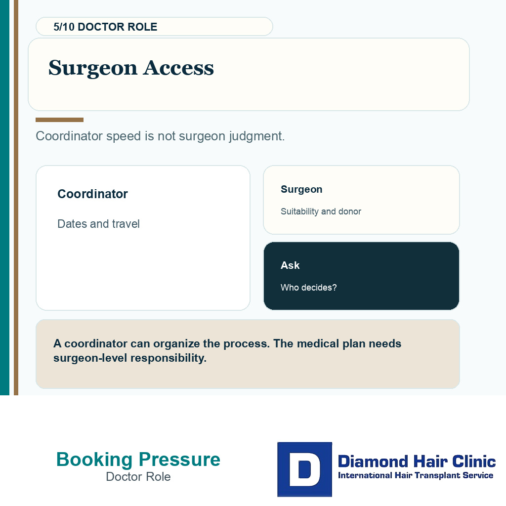Booking pressure carousel slide 5 explaining surgeon access before deposit