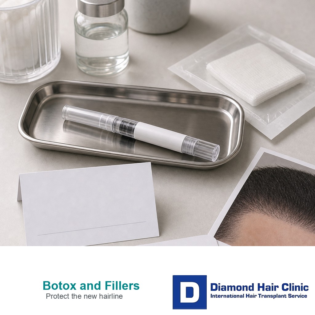 Faceless clinic desk with capped cosmetic treatment instrument blank timing cards gauze packet and hairline photo