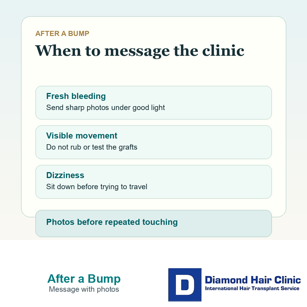 Information card showing when to message the clinic after a head bump during the ride after FUE