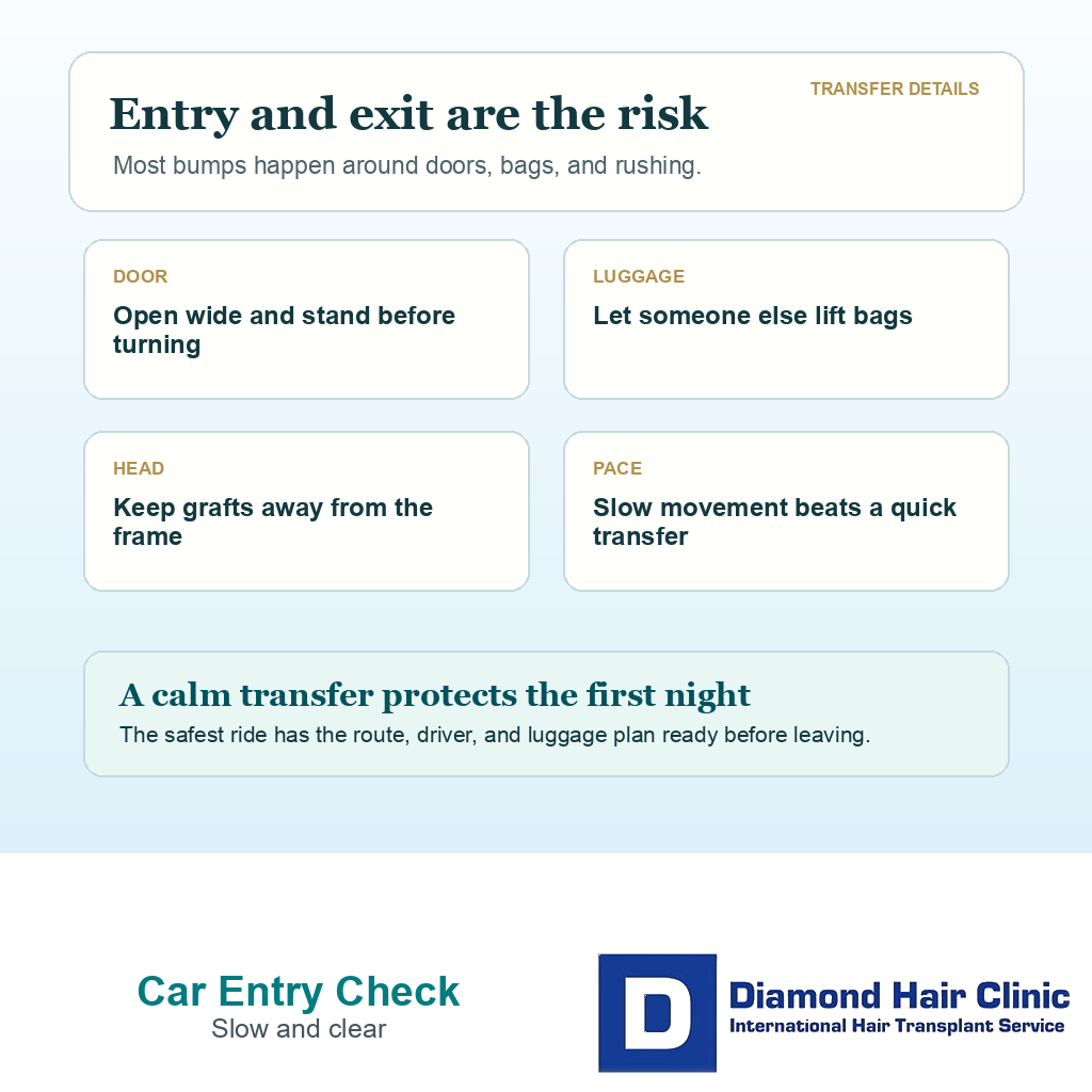 Support card showing how door frames, luggage, head position, and slow movement reduce bump risk after a hair transplant car ride.
