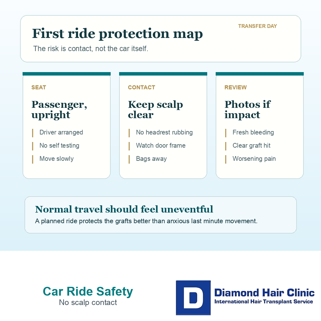 Support card showing car ride safety priorities after FUE, including upright seating, avoiding scalp contact, and photo review after impact.