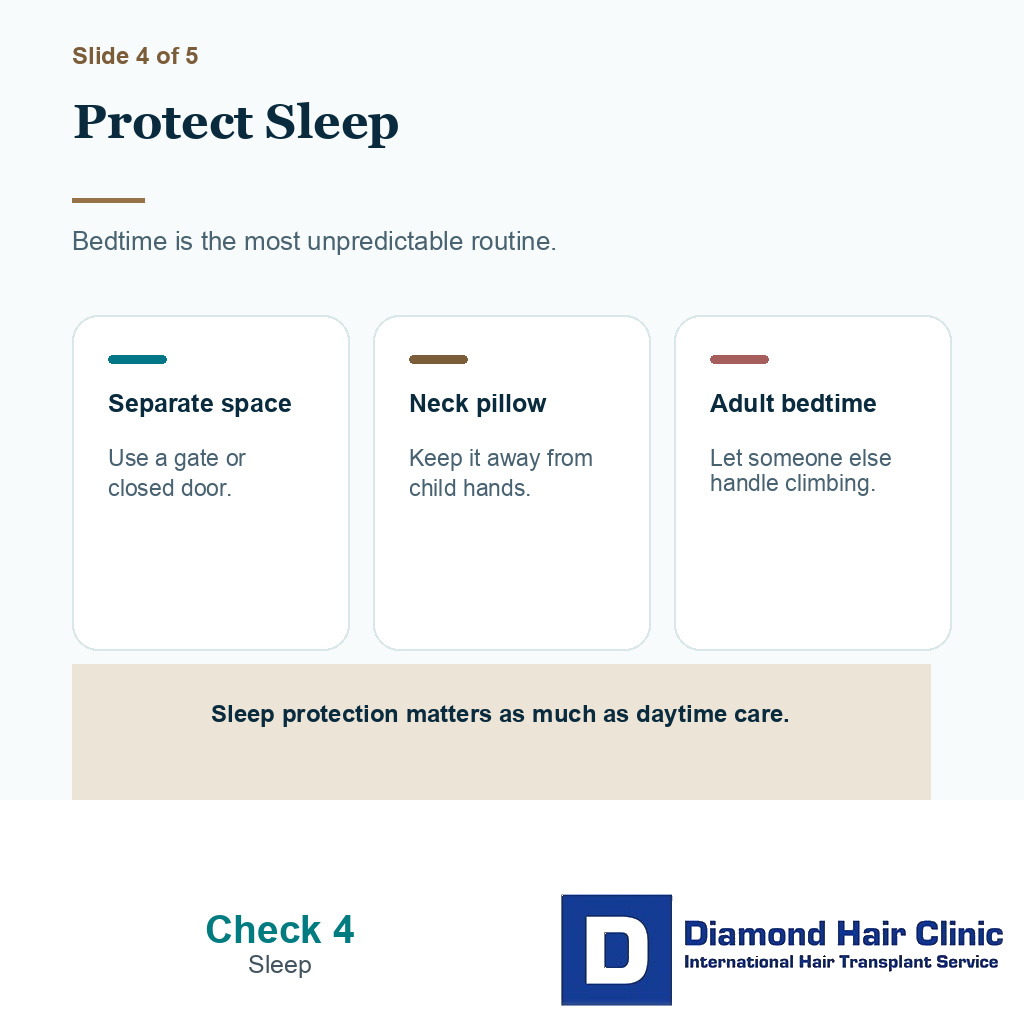 Carousel slide showing bedtime separation while recovering from hair transplant surgery