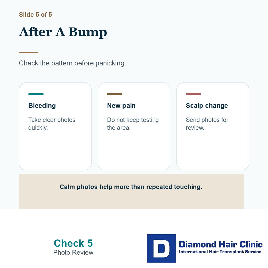 Carousel slide showing photo review after a child bumps the scalp following hair transplant surgery