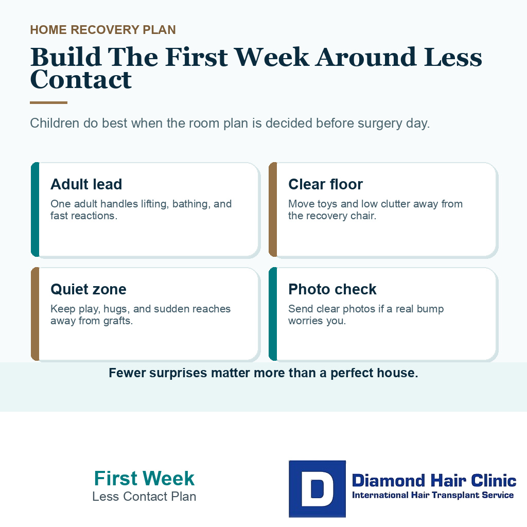 Information card showing adult backup clear floor quiet zone and photo check steps for caring for children after hair transplant surgery