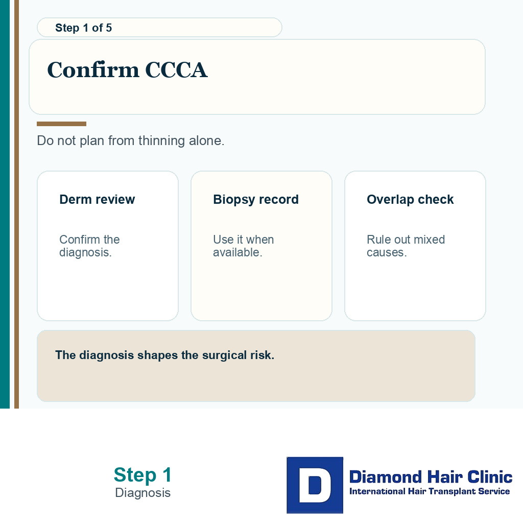 Carousel slide showing diagnosis confirmation before CCCA hair transplant planning